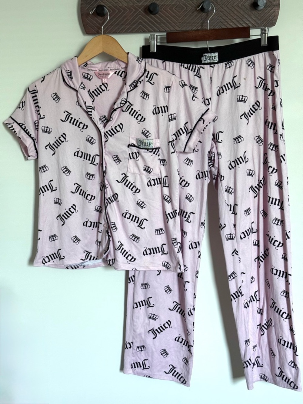 Juicy Couture Pink Pajama Set Short Sleeve Button Down Top Wide Leg Pants Medium